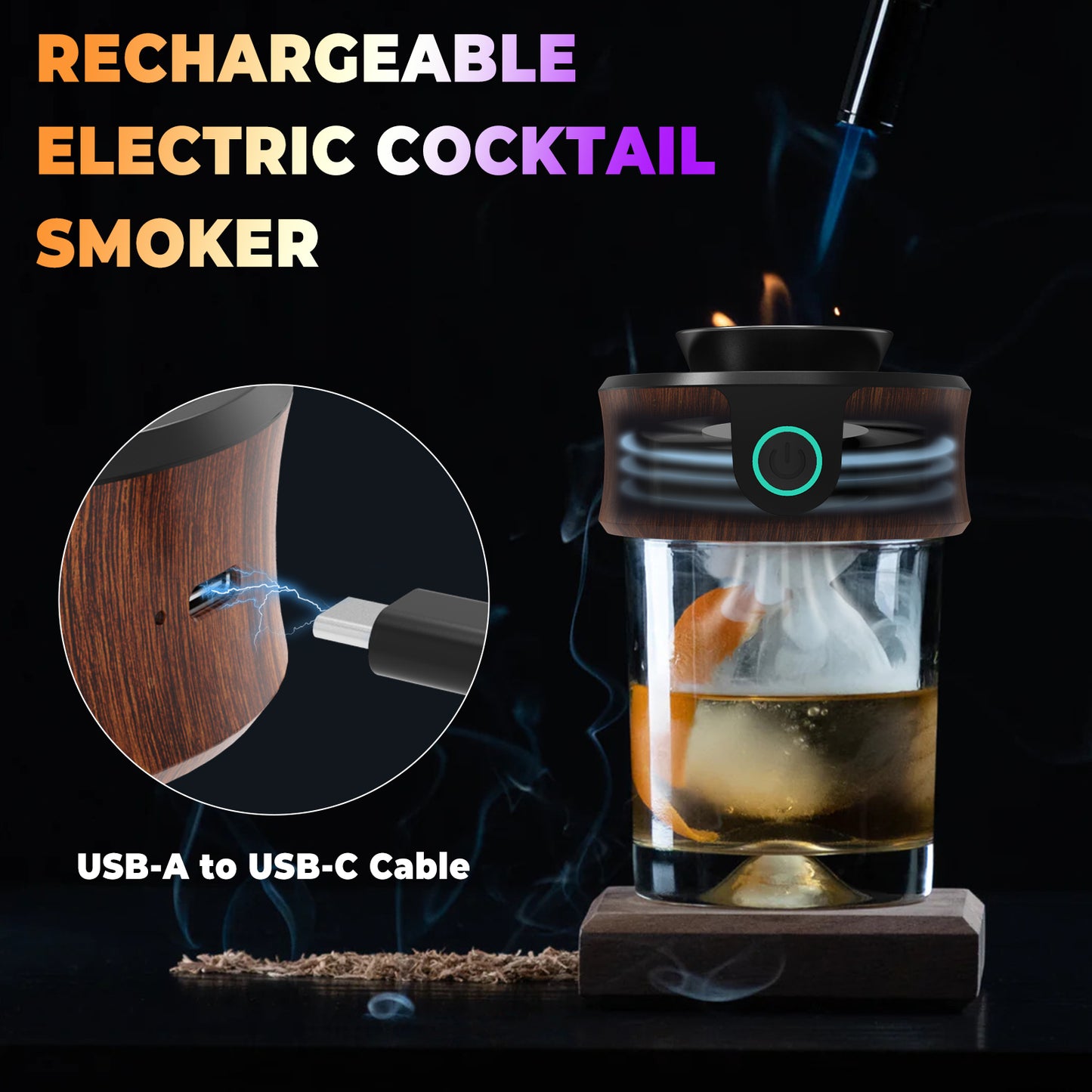 Yilador Electric Cocktails Smoker Kit with Torch, Add More Depth of Flavor, 6 Wood Chips, Whiskey Smoker Infuser Kit for Old Fashioned Bourbon Drinks, Gifts for Men, Dad, Husband (Without Butane)